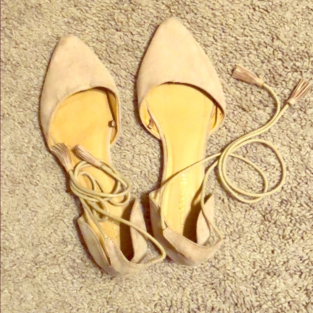 Nude suede ballerina lace up flats